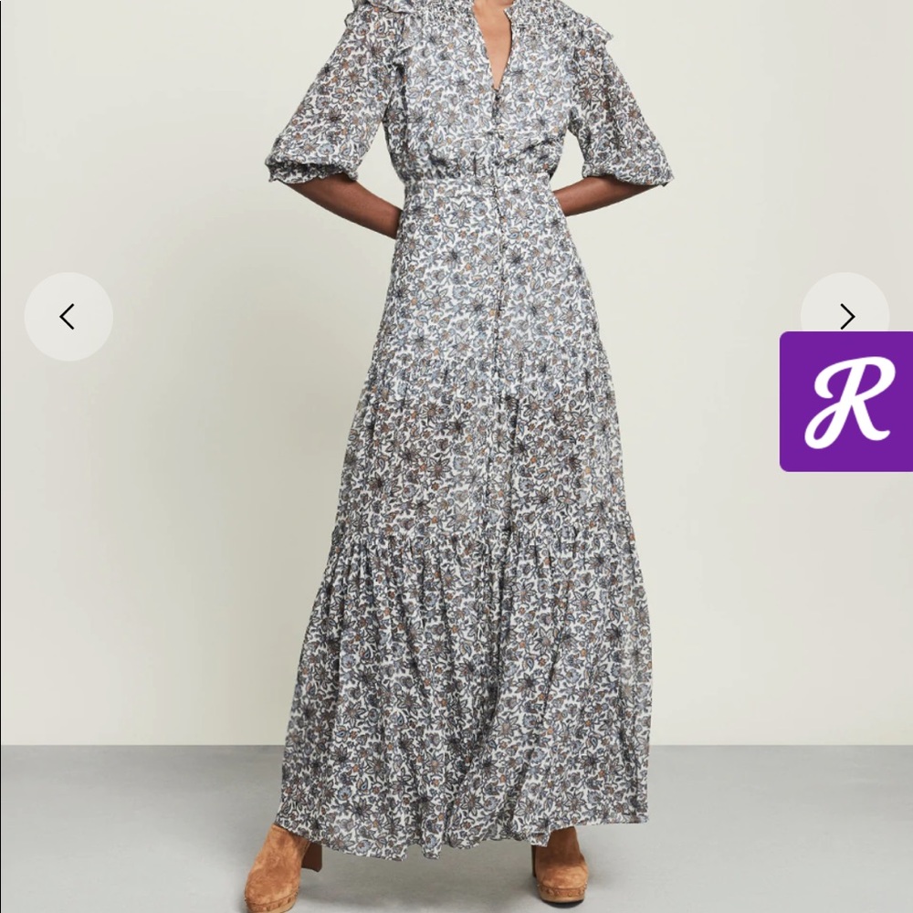 Veronica Beard White Floral Maxi Dress with Blue and Brown Print - Picture 3 of 6